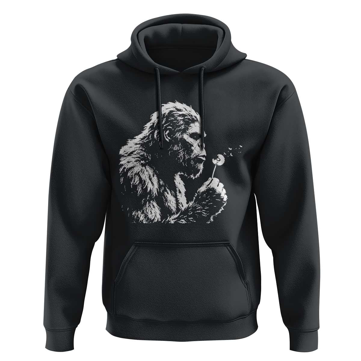 Bigfoot Blowing Dandelion Flower Graphic Hoodie Whimsical Sasquatch Profile Artistic Vintage Distressed