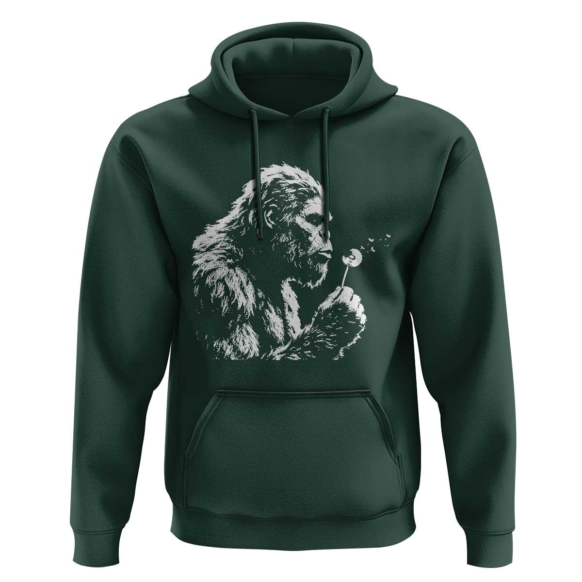 Bigfoot Blowing Dandelion Flower Graphic Hoodie Whimsical Sasquatch Profile Artistic Vintage Distressed