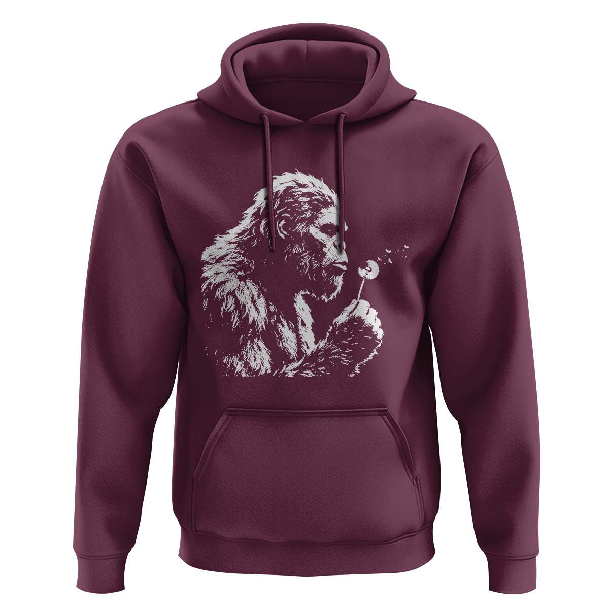 Bigfoot Blowing Dandelion Flower Graphic Hoodie Whimsical Sasquatch Profile Artistic Vintage Distressed