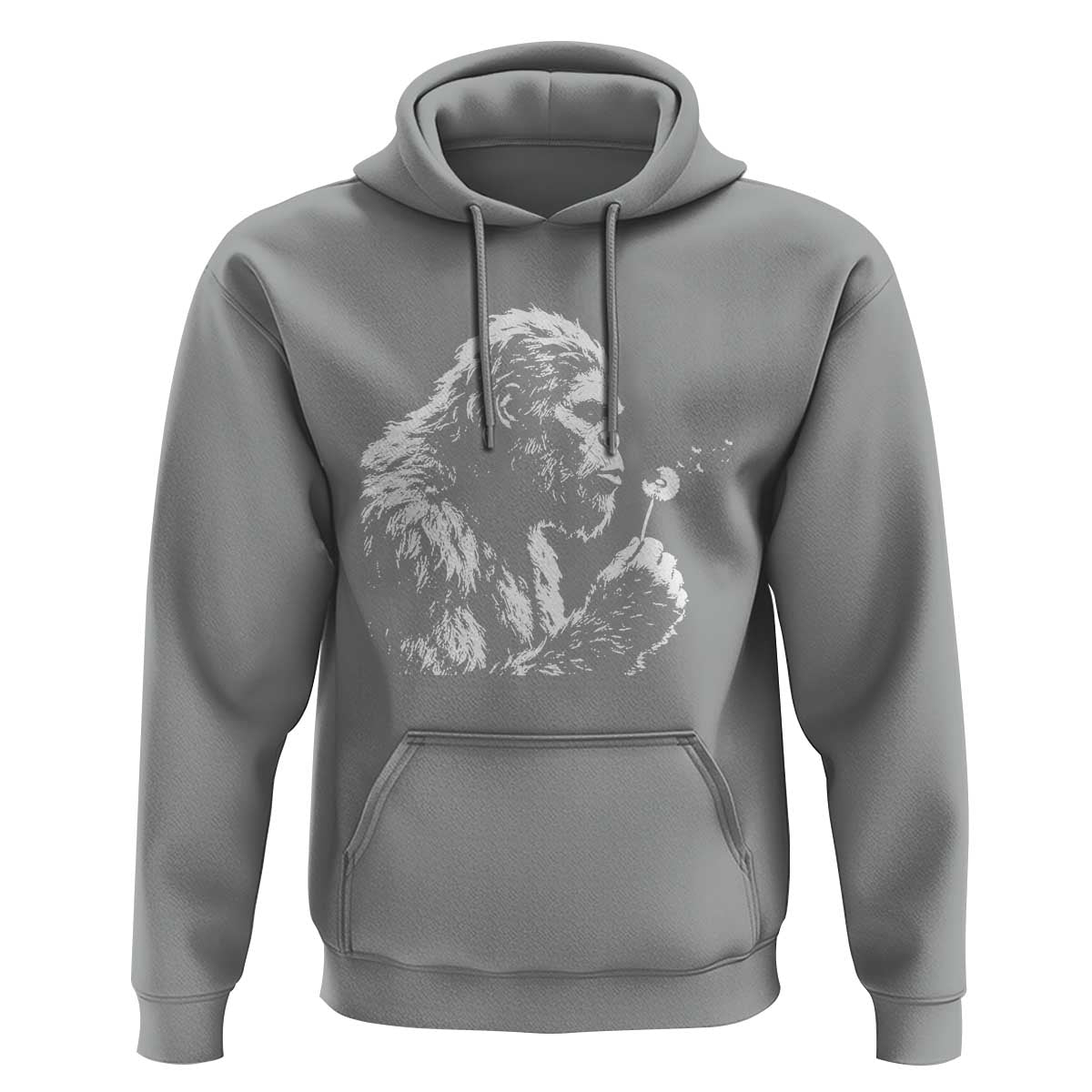 Bigfoot Blowing Dandelion Flower Graphic Hoodie Whimsical Sasquatch Profile Artistic Vintage Distressed