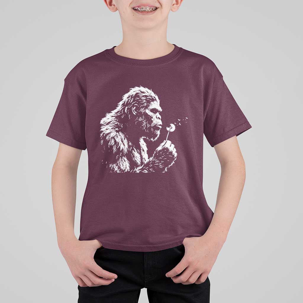 Bigfoot Blowing Dandelion Flower Graphic T Shirt For Kid Whimsical Sasquatch Profile Artistic Vintage Distressed