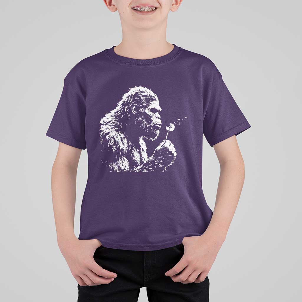 Bigfoot Blowing Dandelion Flower Graphic T Shirt For Kid Whimsical Sasquatch Profile Artistic Vintage Distressed