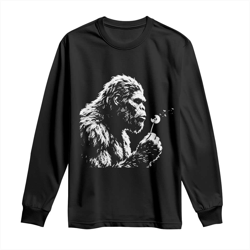 Bigfoot Blowing Dandelion Flower Graphic Long Sleeve Shirt Whimsical Sasquatch Profile Artistic Vintage Distressed
