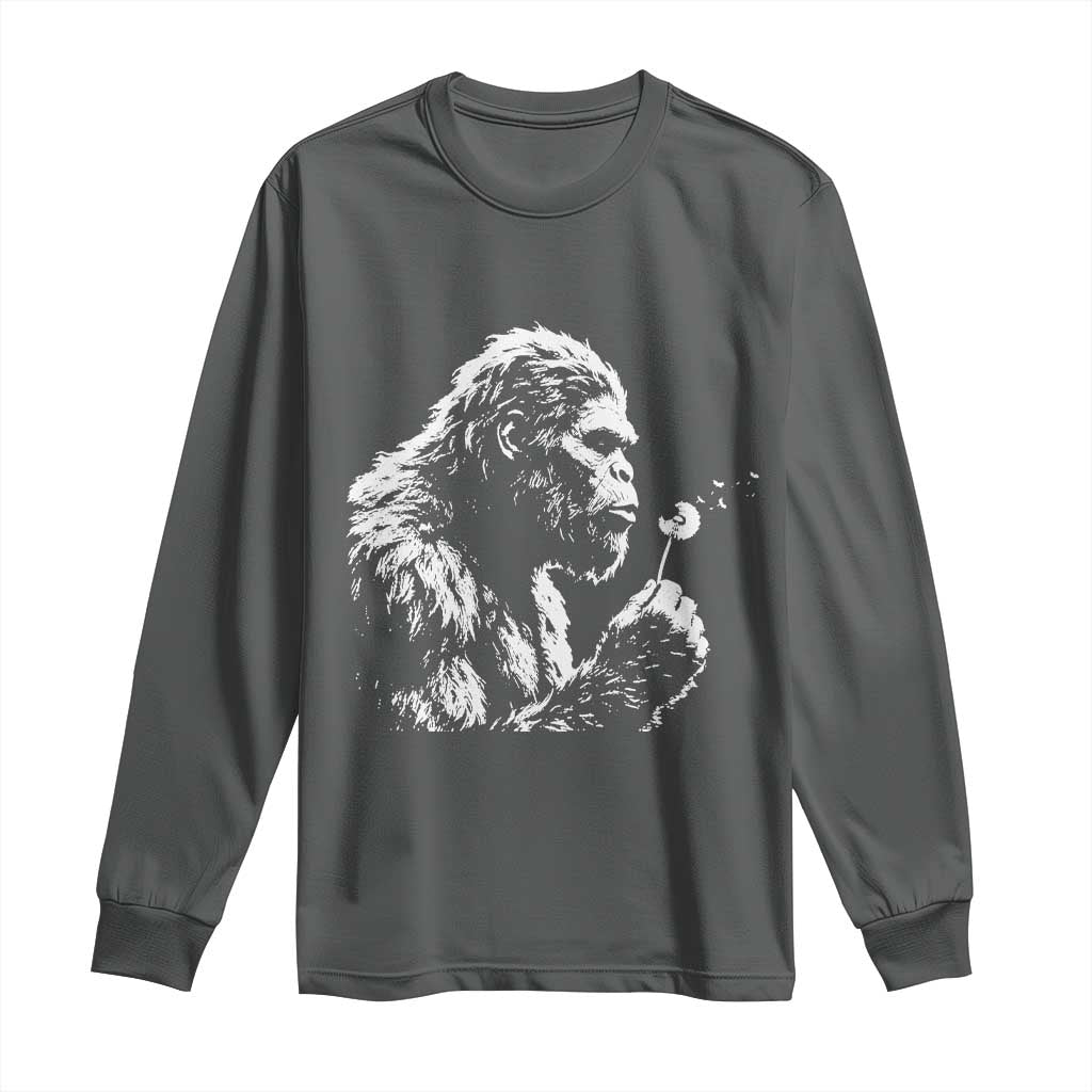 Bigfoot Blowing Dandelion Flower Graphic Long Sleeve Shirt Whimsical Sasquatch Profile Artistic Vintage Distressed
