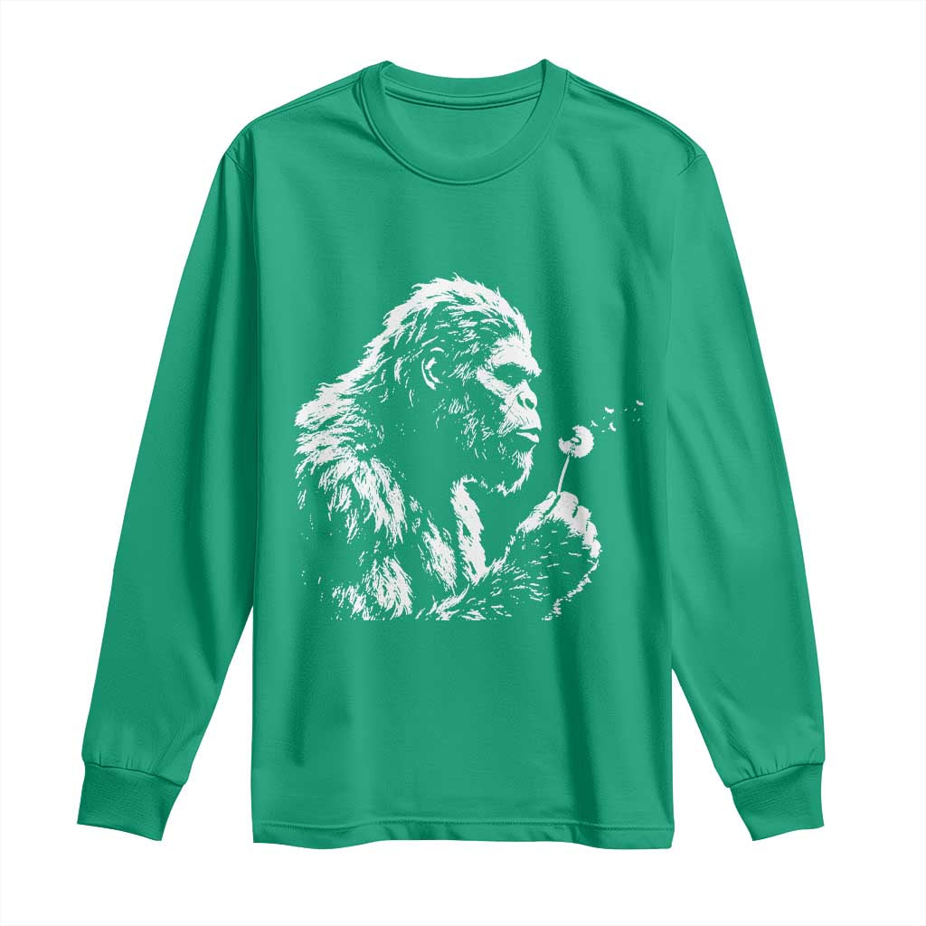 Bigfoot Blowing Dandelion Flower Graphic Long Sleeve Shirt Whimsical Sasquatch Profile Artistic Vintage Distressed