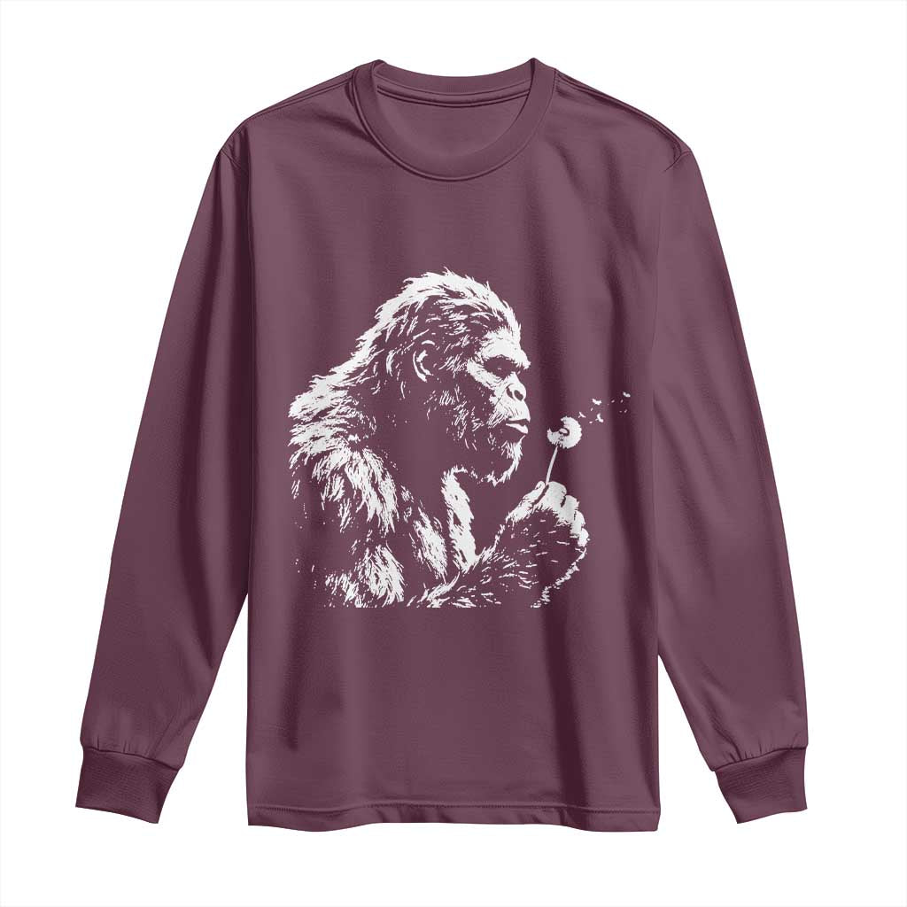 Bigfoot Blowing Dandelion Flower Graphic Long Sleeve Shirt Whimsical Sasquatch Profile Artistic Vintage Distressed