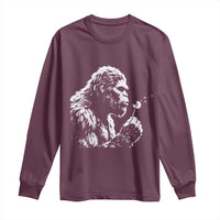 Bigfoot Blowing Dandelion Flower Graphic Long Sleeve Shirt Whimsical Sasquatch Profile Artistic Vintage Distressed