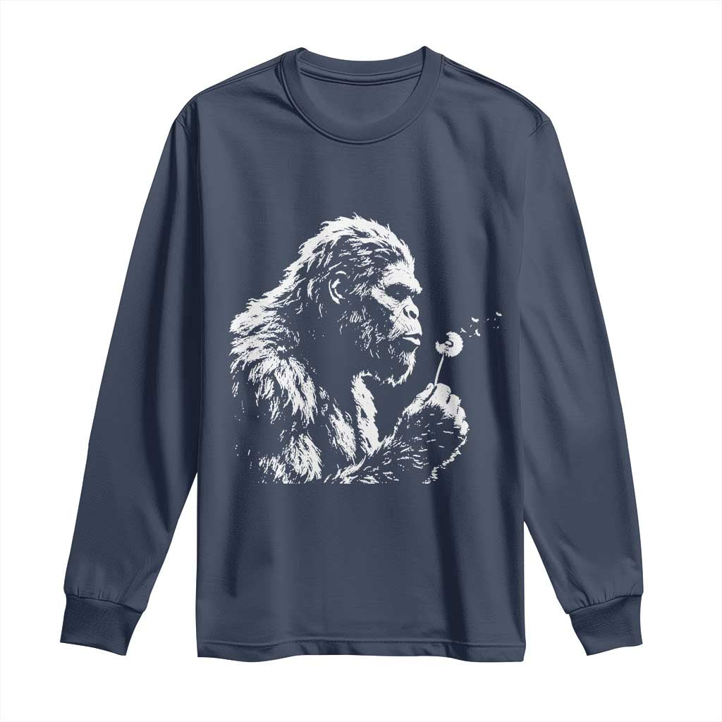 Bigfoot Blowing Dandelion Flower Graphic Long Sleeve Shirt Whimsical Sasquatch Profile Artistic Vintage Distressed