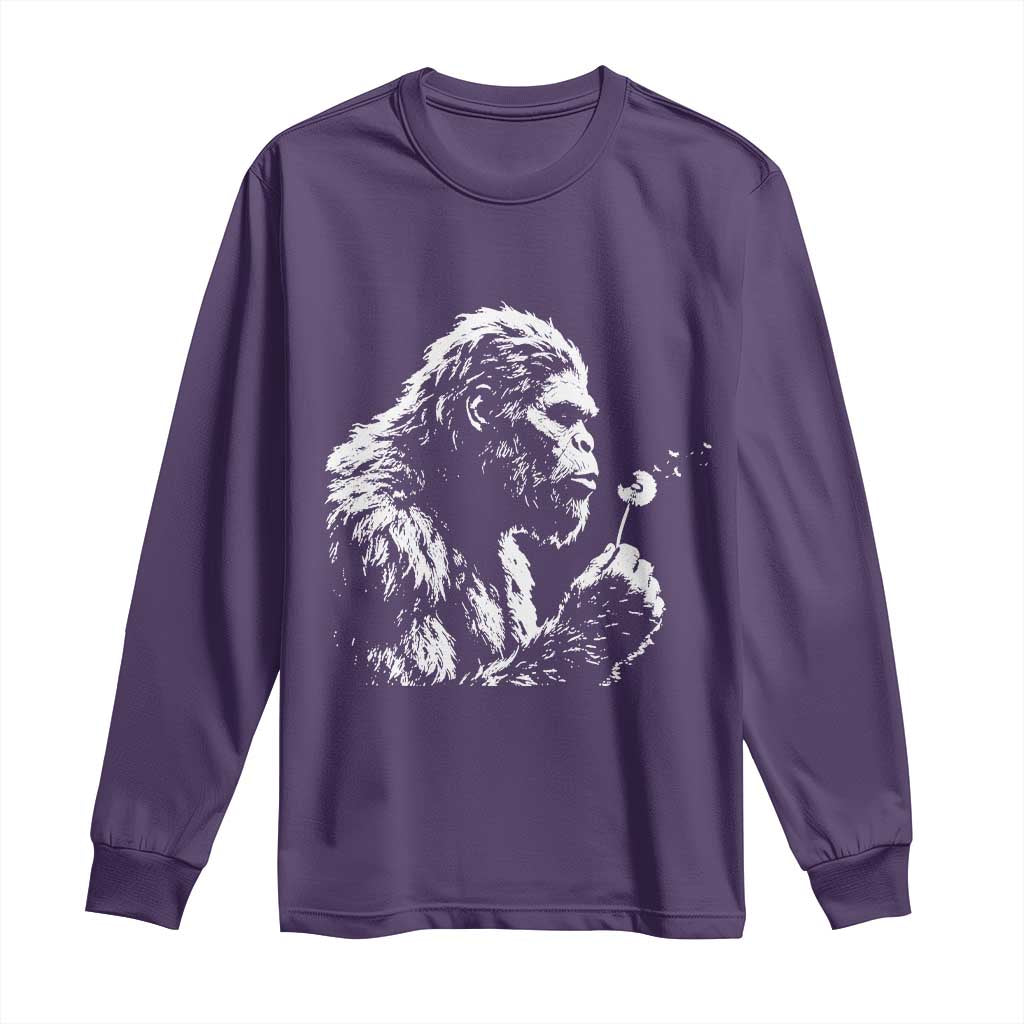 Bigfoot Blowing Dandelion Flower Graphic Long Sleeve Shirt Whimsical Sasquatch Profile Artistic Vintage Distressed