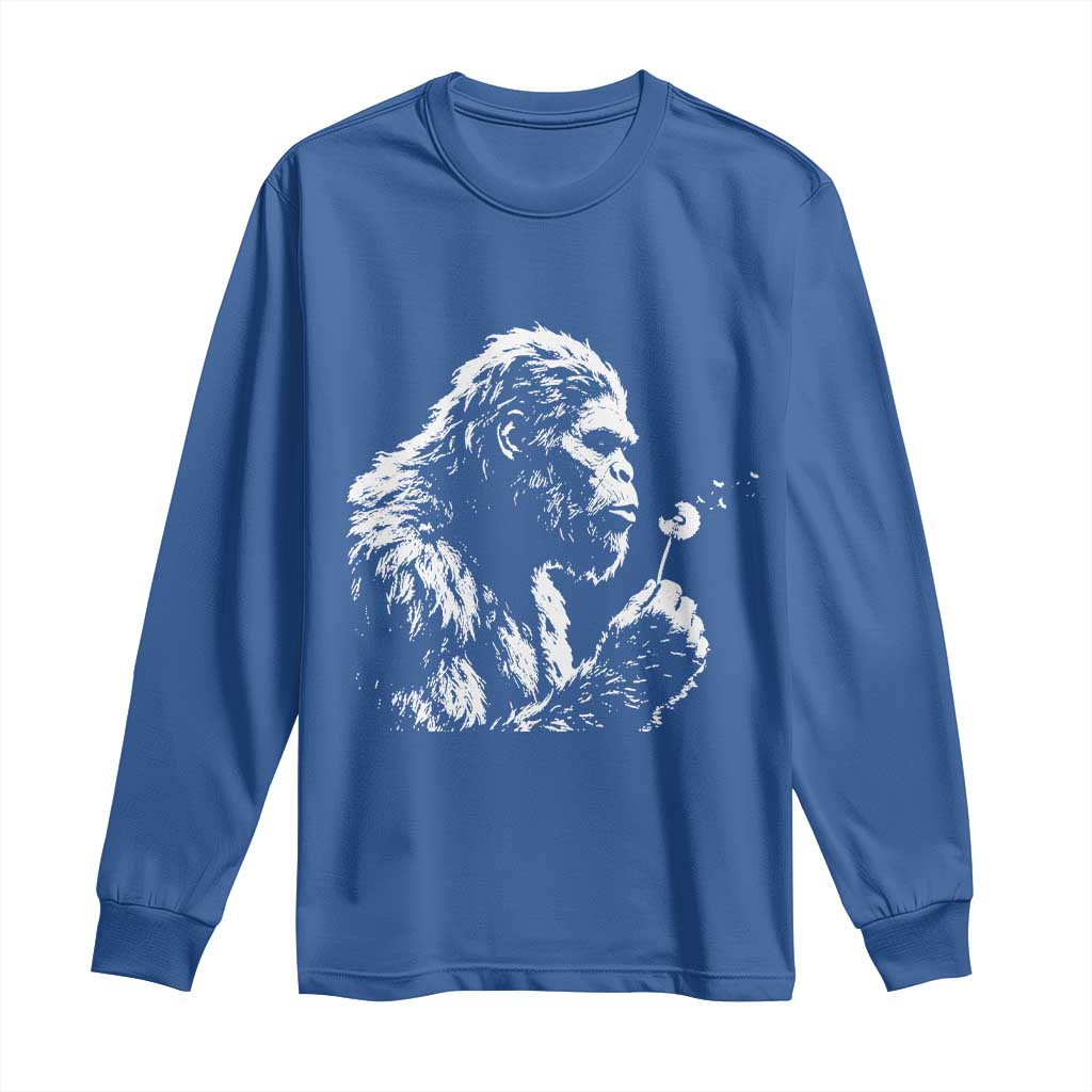Bigfoot Blowing Dandelion Flower Graphic Long Sleeve Shirt Whimsical Sasquatch Profile Artistic Vintage Distressed