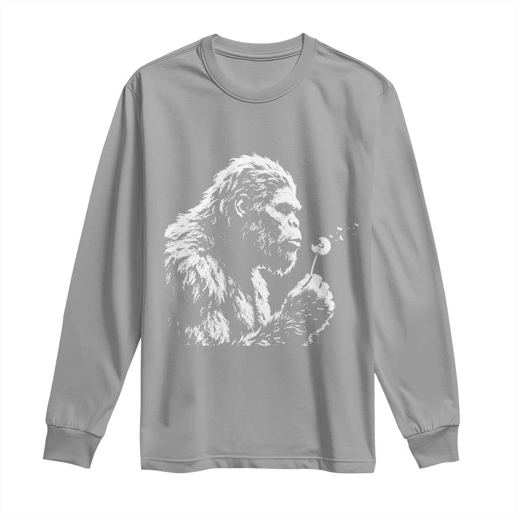 Bigfoot Blowing Dandelion Flower Graphic Long Sleeve Shirt Whimsical Sasquatch Profile Artistic Vintage Distressed