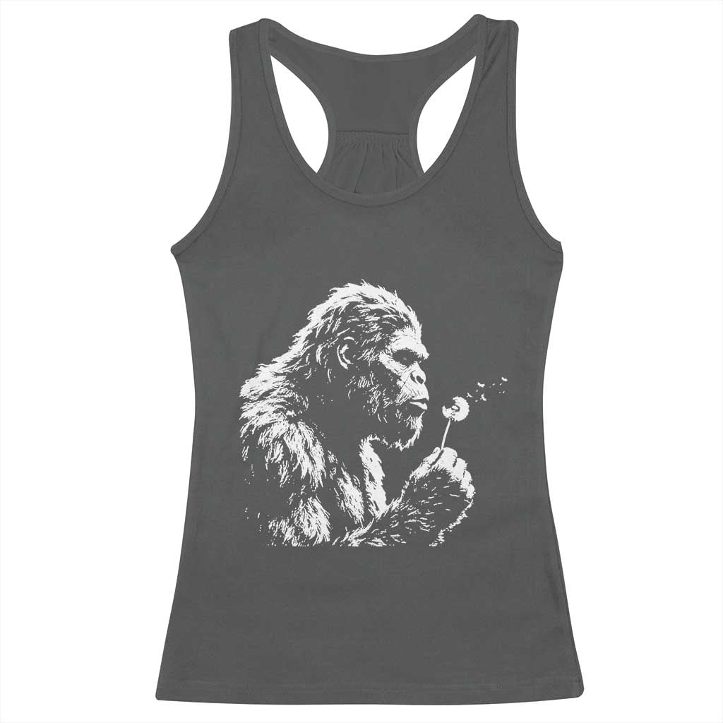 Bigfoot Blowing Dandelion Flower Graphic Racerback Tank Top Whimsical Sasquatch Profile Artistic Vintage Distressed