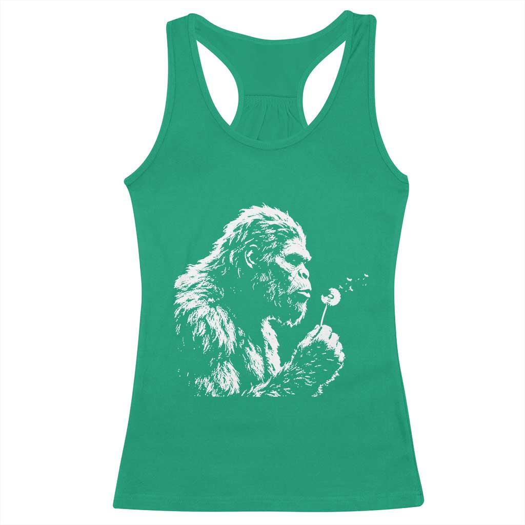 Bigfoot Blowing Dandelion Flower Graphic Racerback Tank Top Whimsical Sasquatch Profile Artistic Vintage Distressed
