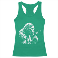 Bigfoot Blowing Dandelion Flower Graphic Racerback Tank Top Whimsical Sasquatch Profile Artistic Vintage Distressed