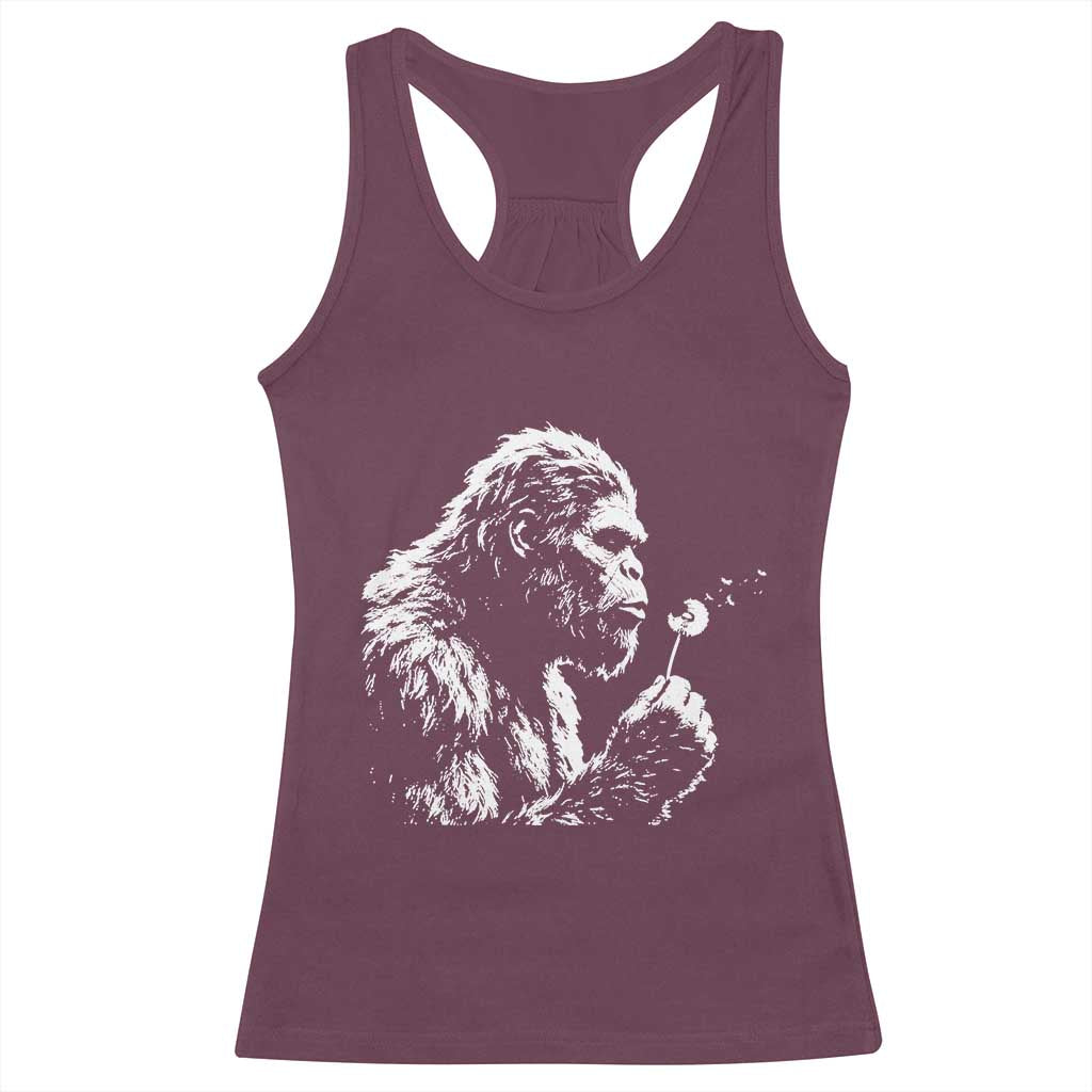 Bigfoot Blowing Dandelion Flower Graphic Racerback Tank Top Whimsical Sasquatch Profile Artistic Vintage Distressed