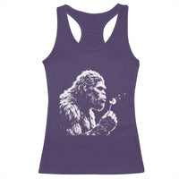 Bigfoot Blowing Dandelion Flower Graphic Racerback Tank Top Whimsical Sasquatch Profile Artistic Vintage Distressed