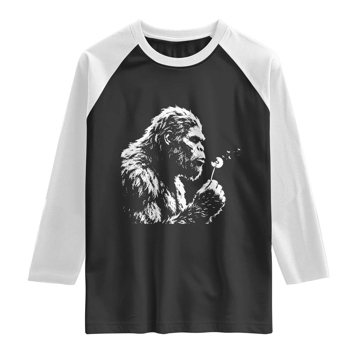 Bigfoot Blowing Dandelion Flower Graphic Raglan Shirt Whimsical Sasquatch Profile Artistic Vintage Distressed