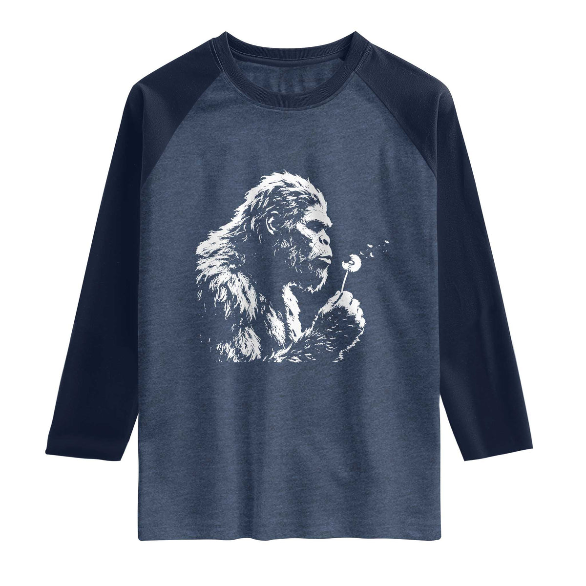Bigfoot Blowing Dandelion Flower Graphic Raglan Shirt Whimsical Sasquatch Profile Artistic Vintage Distressed