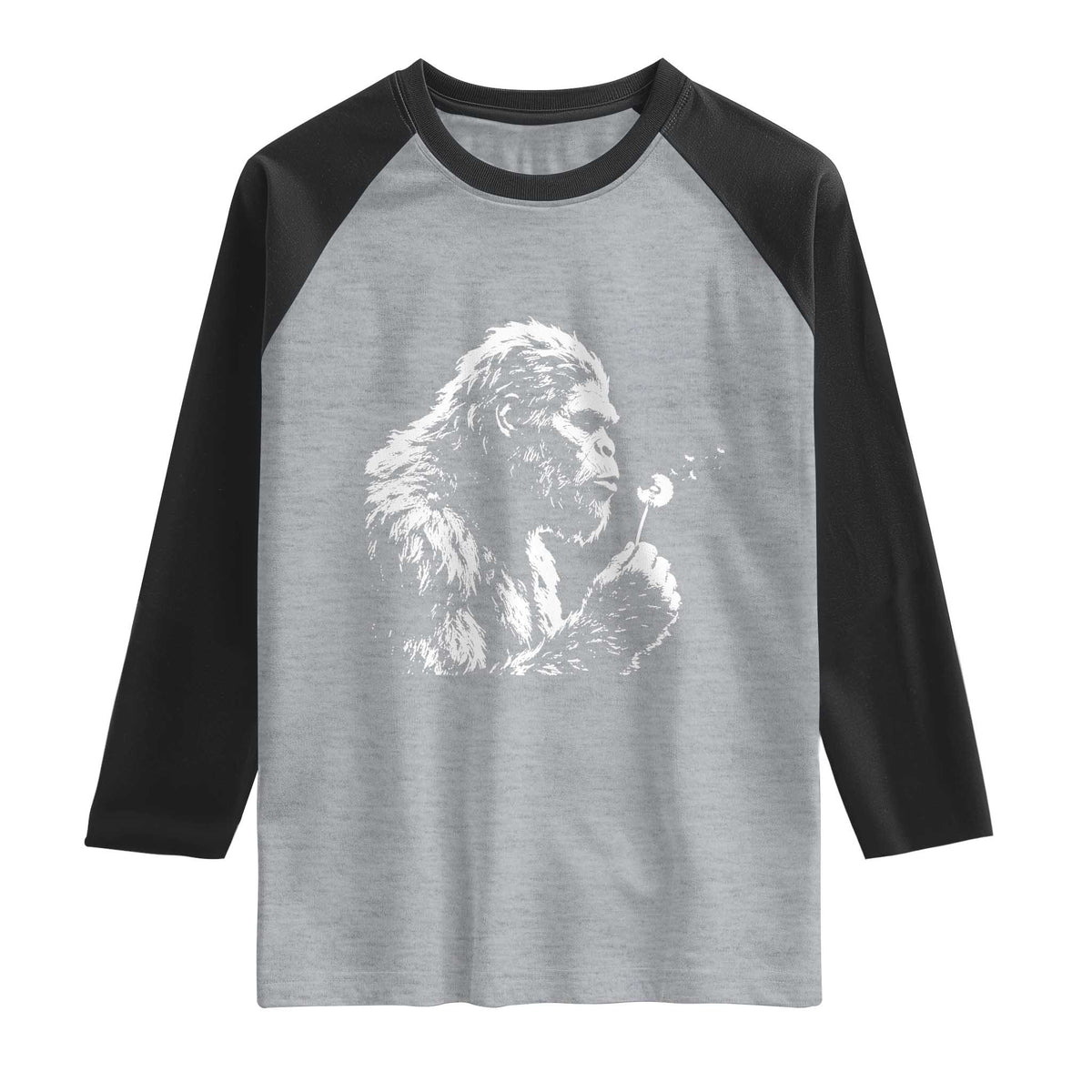 Bigfoot Blowing Dandelion Flower Graphic Raglan Shirt Whimsical Sasquatch Profile Artistic Vintage Distressed