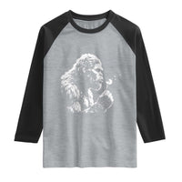 Bigfoot Blowing Dandelion Flower Graphic Raglan Shirt Whimsical Sasquatch Profile Artistic Vintage Distressed