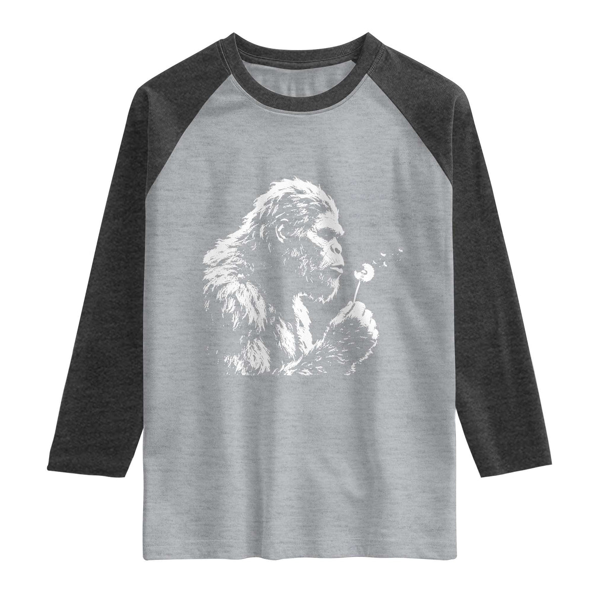 Bigfoot Blowing Dandelion Flower Graphic Raglan Shirt Whimsical Sasquatch Profile Artistic Vintage Distressed