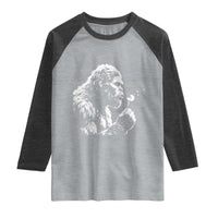 Bigfoot Blowing Dandelion Flower Graphic Raglan Shirt Whimsical Sasquatch Profile Artistic Vintage Distressed