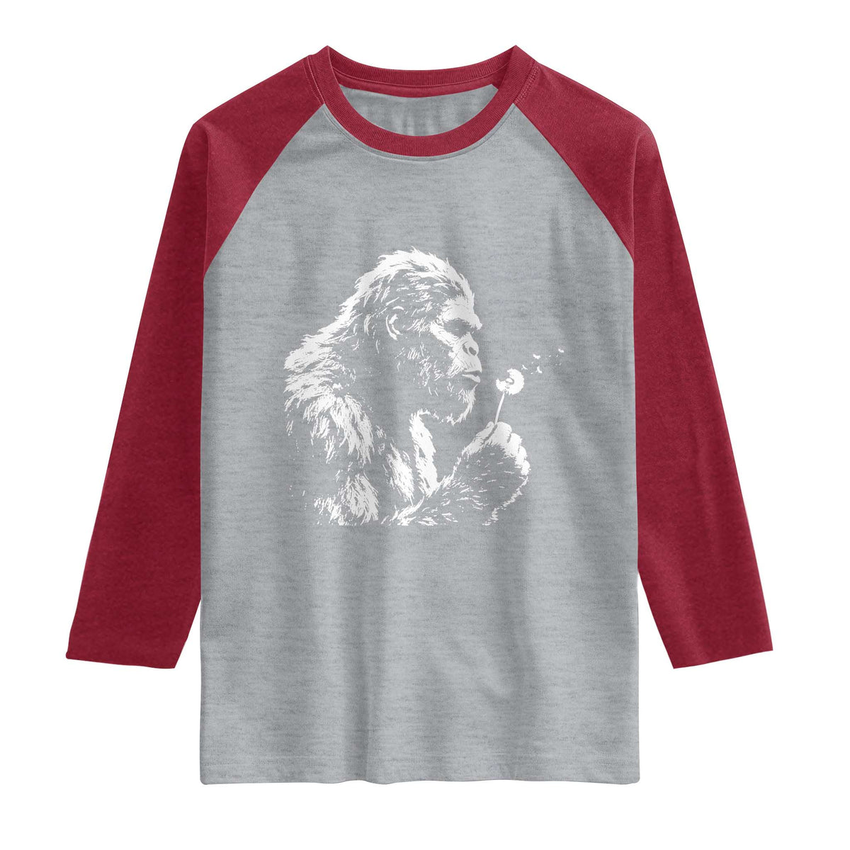Bigfoot Blowing Dandelion Flower Graphic Raglan Shirt Whimsical Sasquatch Profile Artistic Vintage Distressed