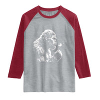 Bigfoot Blowing Dandelion Flower Graphic Raglan Shirt Whimsical Sasquatch Profile Artistic Vintage Distressed