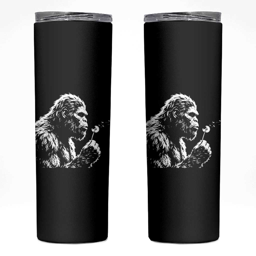 Bigfoot Blowing Dandelion Flower Graphic Skinny Tumbler Whimsical Sasquatch Profile Artistic Vintage Distressed