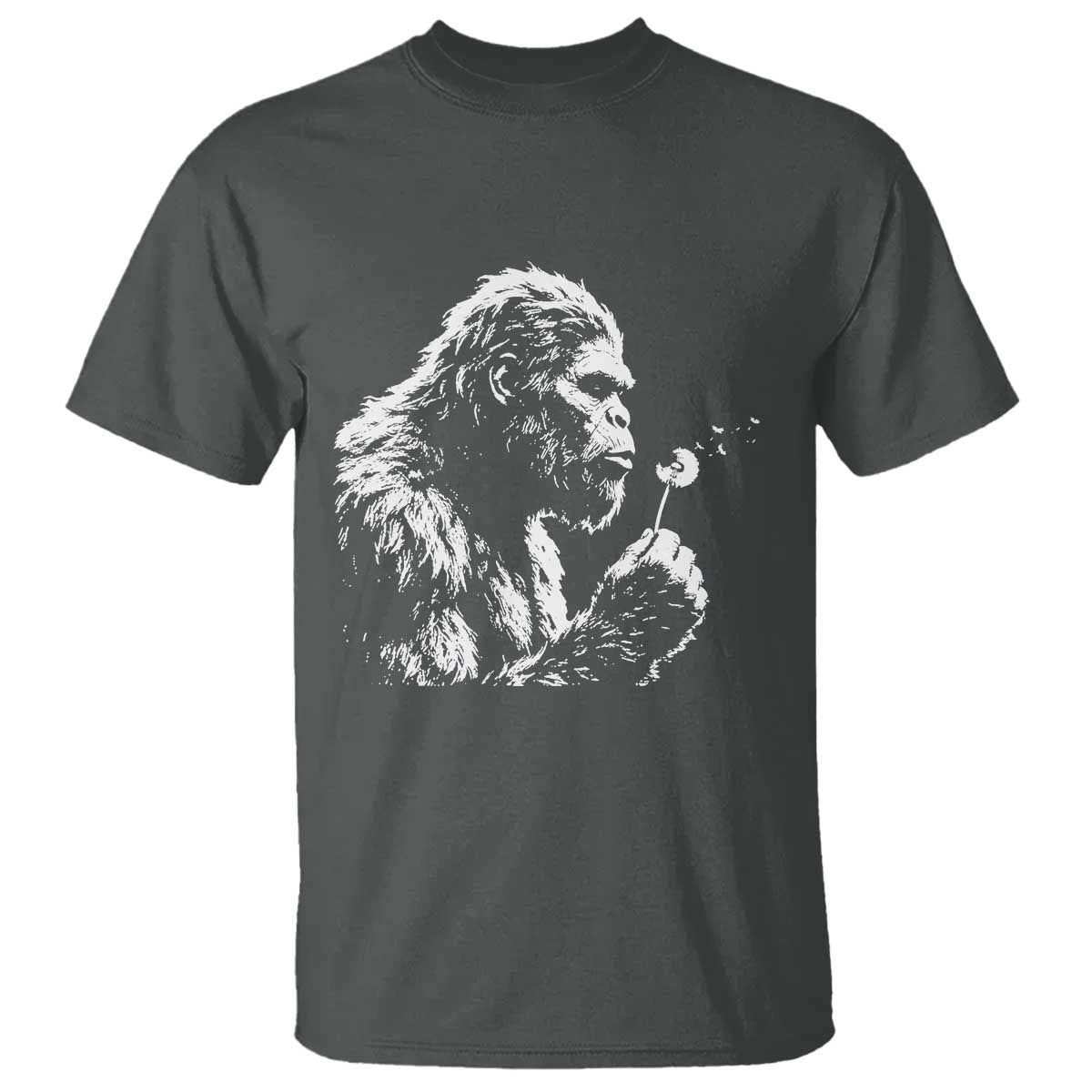Bigfoot Blowing Dandelion Flower Graphic T Shirt Whimsical Sasquatch Profile Artistic Vintage Distressed