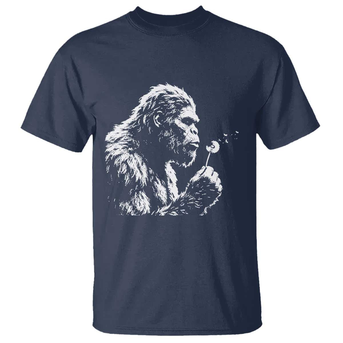 Bigfoot Blowing Dandelion Flower Graphic T Shirt Whimsical Sasquatch Profile Artistic Vintage Distressed