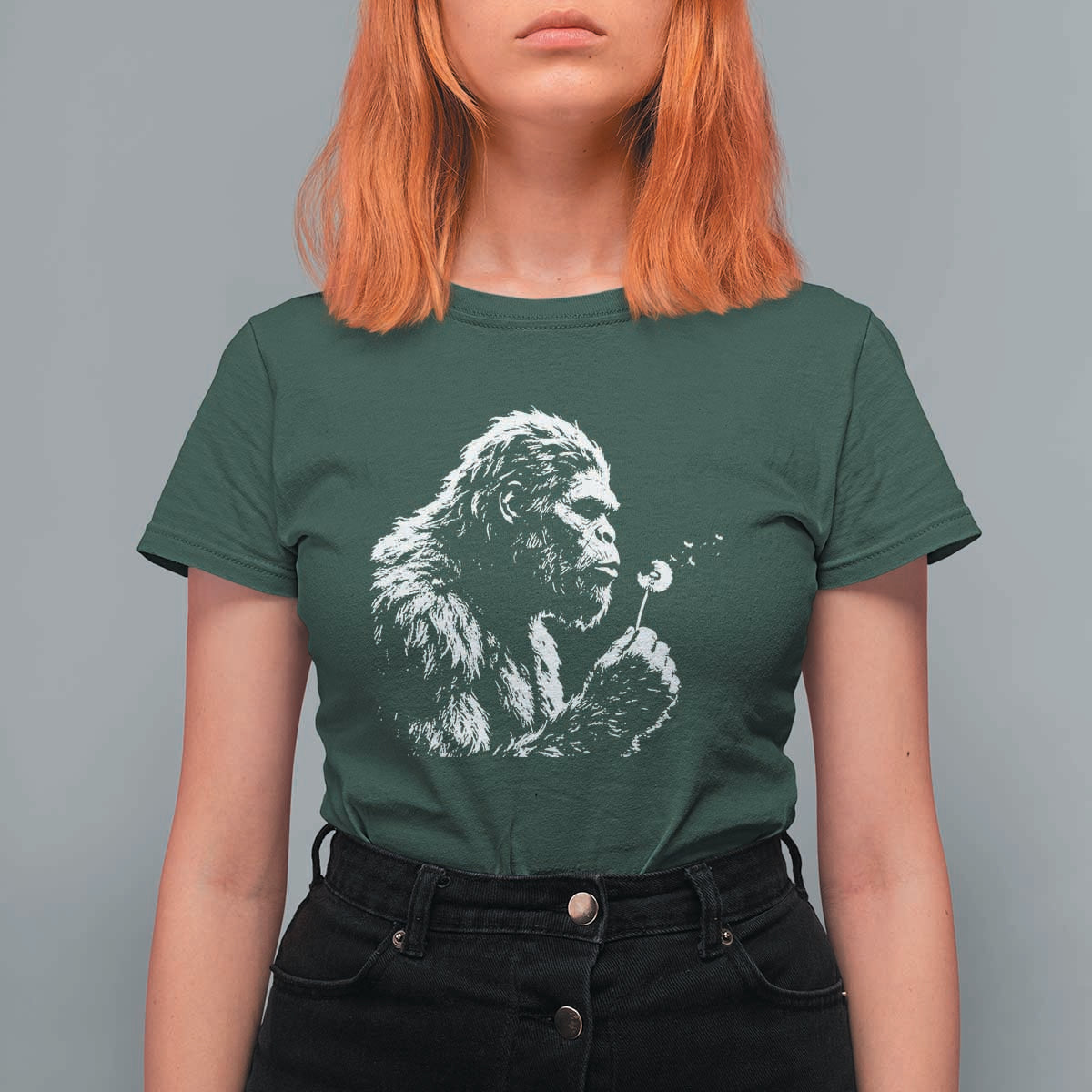 Bigfoot Blowing Dandelion Flower Graphic T Shirt For Women Whimsical Sasquatch Profile Artistic Vintage Distressed