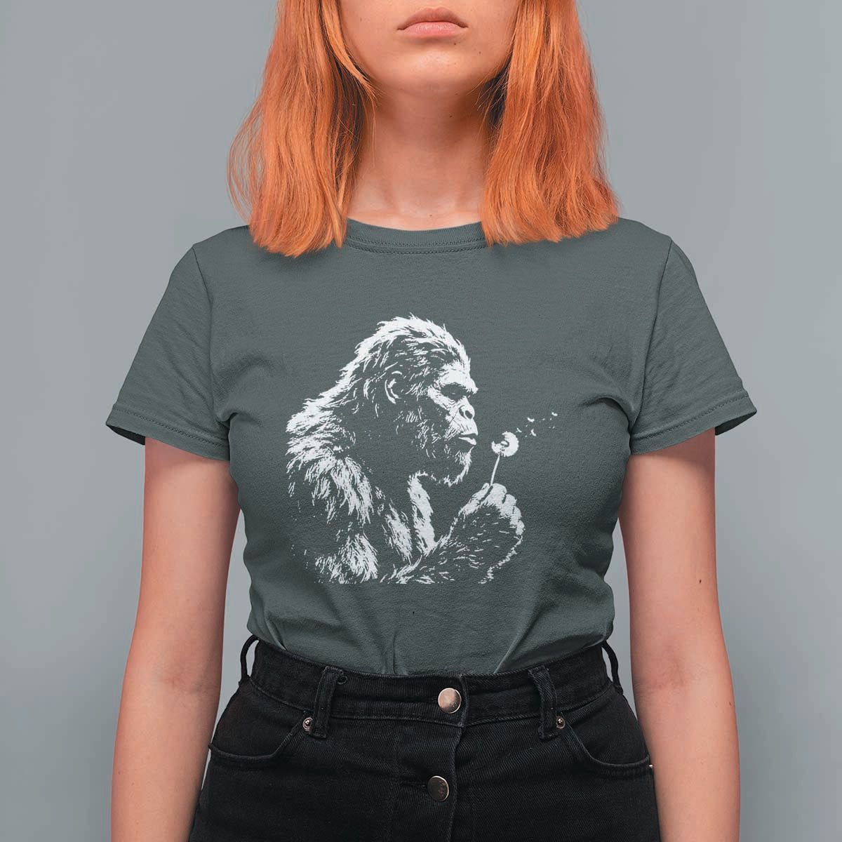 Bigfoot Blowing Dandelion Flower Graphic T Shirt For Women Whimsical Sasquatch Profile Artistic Vintage Distressed