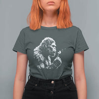 Bigfoot Blowing Dandelion Flower Graphic T Shirt For Women Whimsical Sasquatch Profile Artistic Vintage Distressed
