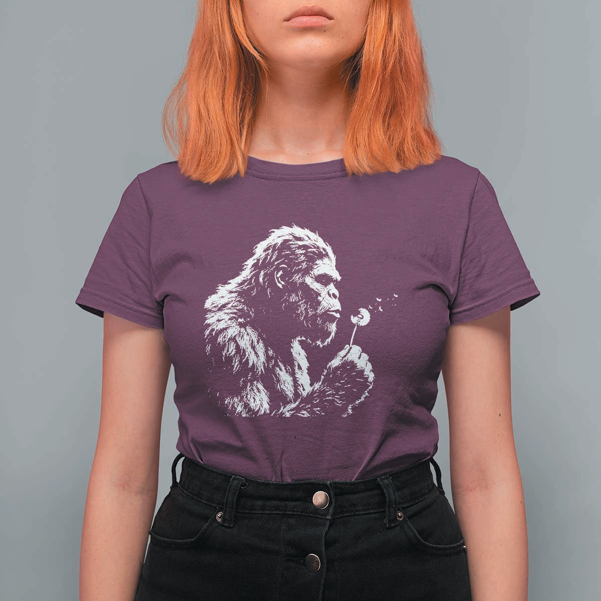 Bigfoot Blowing Dandelion Flower Graphic T Shirt For Women Whimsical Sasquatch Profile Artistic Vintage Distressed