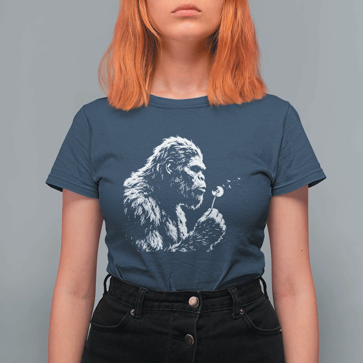 Bigfoot Blowing Dandelion Flower Graphic T Shirt For Women Whimsical Sasquatch Profile Artistic Vintage Distressed