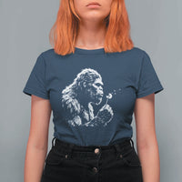 Bigfoot Blowing Dandelion Flower Graphic T Shirt For Women Whimsical Sasquatch Profile Artistic Vintage Distressed
