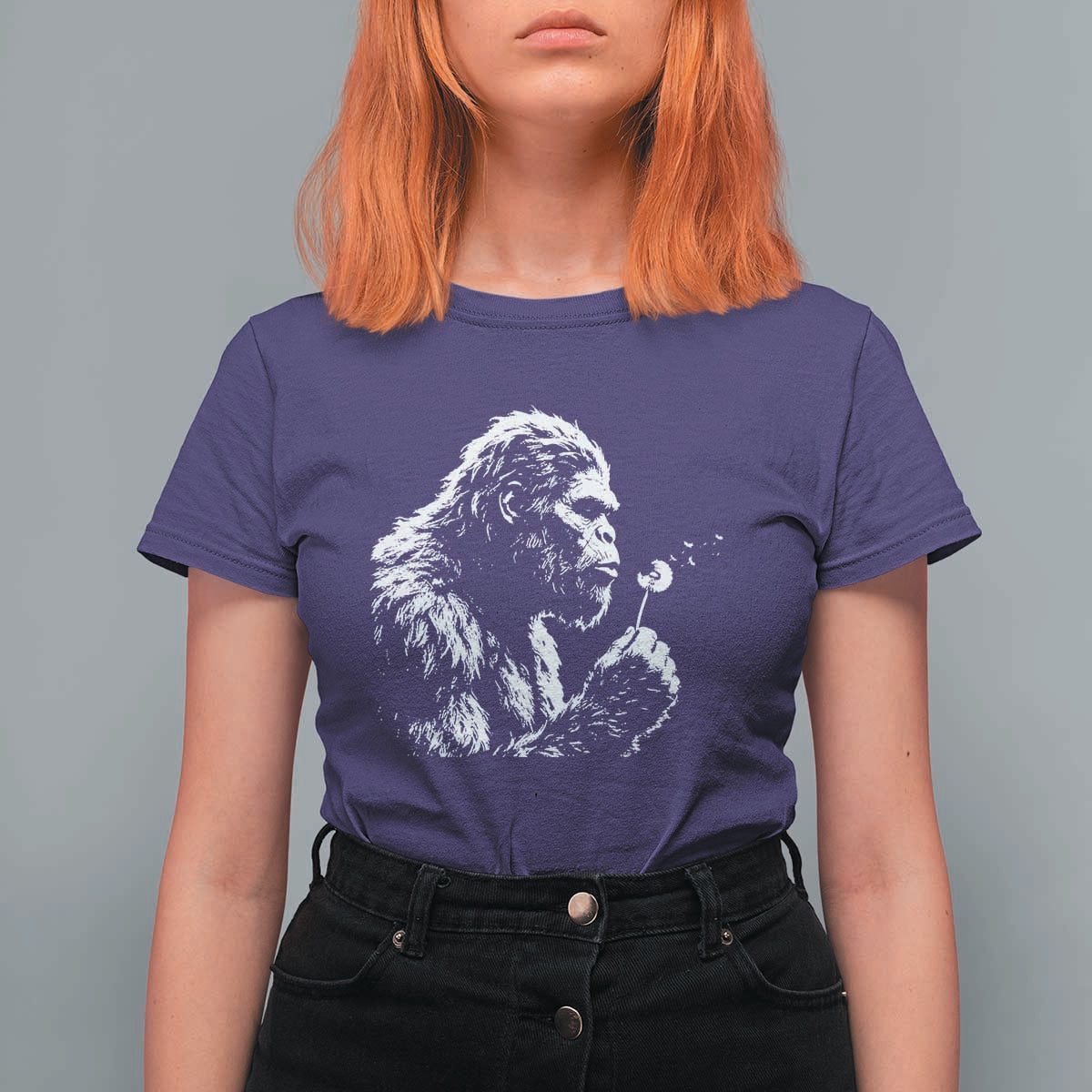 Bigfoot Blowing Dandelion Flower Graphic T Shirt For Women Whimsical Sasquatch Profile Artistic Vintage Distressed
