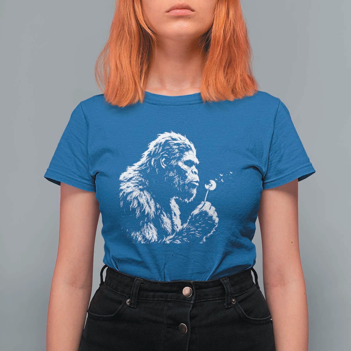 Bigfoot Blowing Dandelion Flower Graphic T Shirt For Women Whimsical Sasquatch Profile Artistic Vintage Distressed