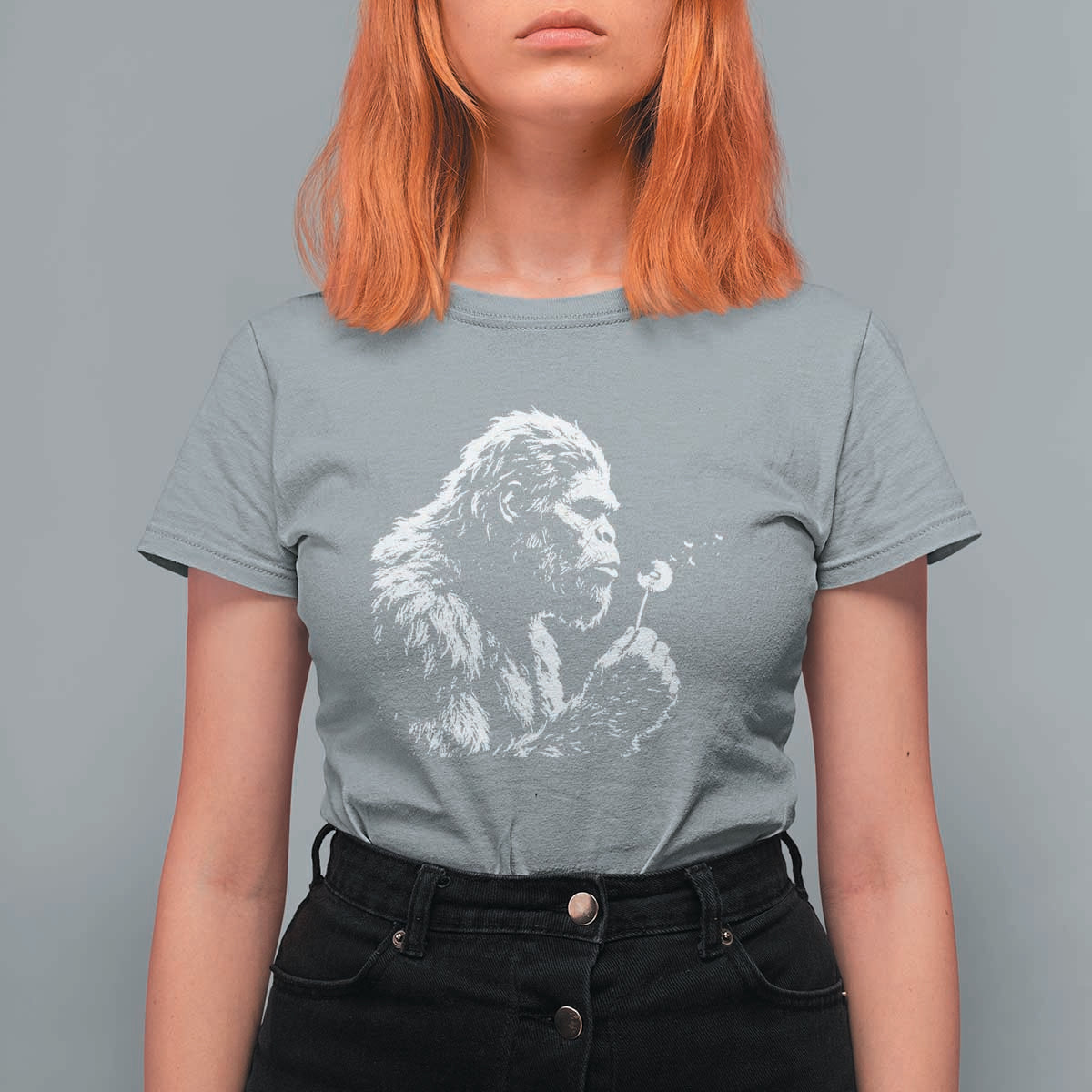 Bigfoot Blowing Dandelion Flower Graphic T Shirt For Women Whimsical Sasquatch Profile Artistic Vintage Distressed