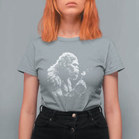 Bigfoot Blowing Dandelion Flower Graphic T Shirt For Women Whimsical Sasquatch Profile Artistic Vintage Distressed