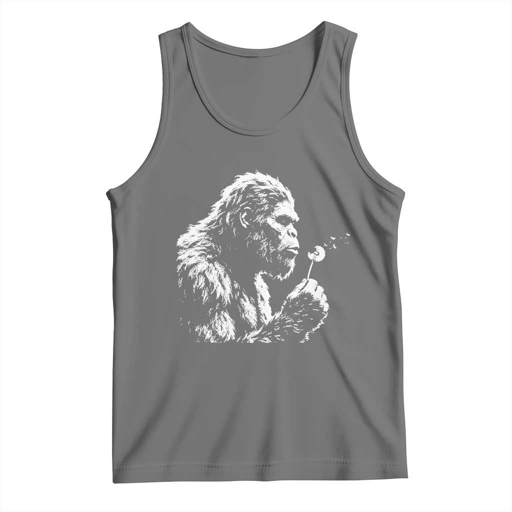 Bigfoot Blowing Dandelion Flower Graphic Tank Top Whimsical Sasquatch Profile Artistic Vintage Distressed