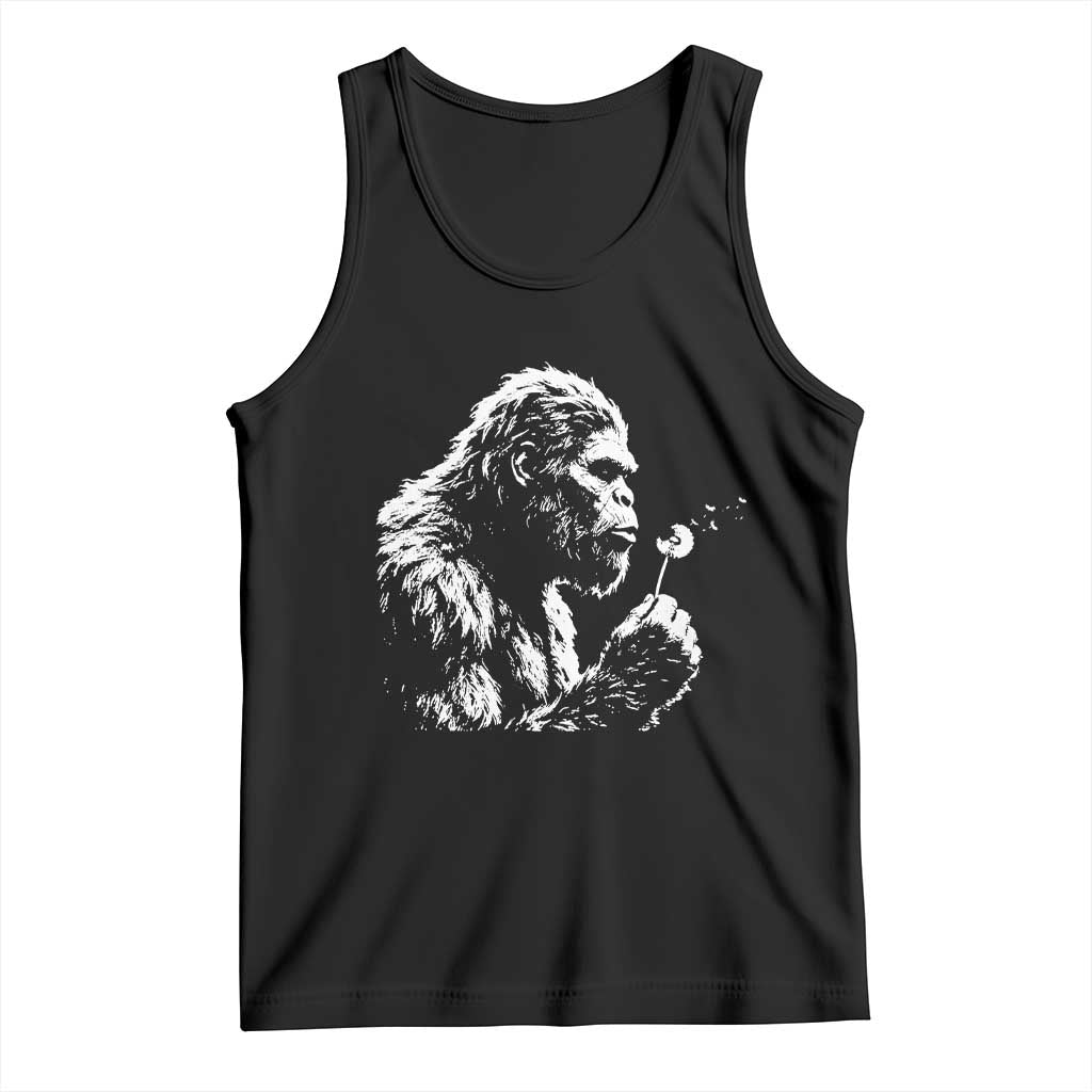 Bigfoot Blowing Dandelion Flower Graphic Tank Top Whimsical Sasquatch Profile Artistic Vintage Distressed