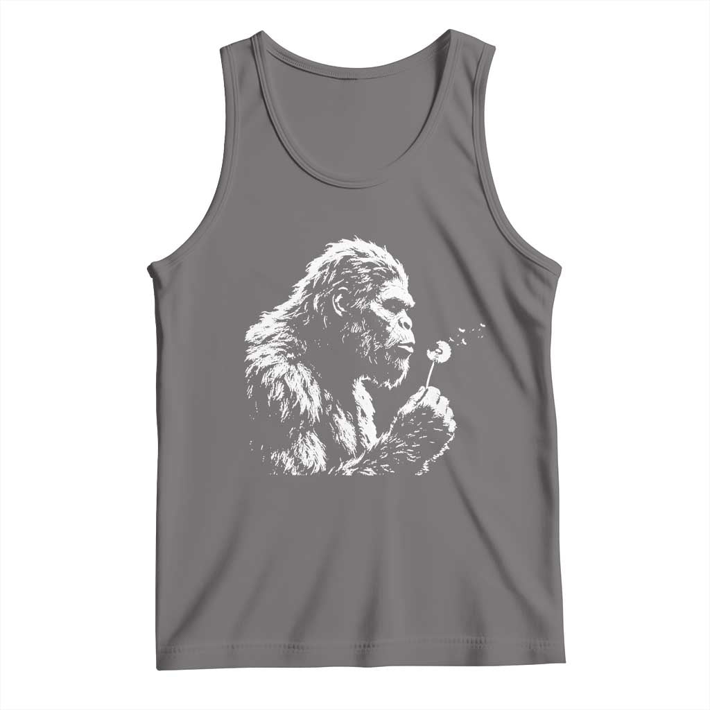 Bigfoot Blowing Dandelion Flower Graphic Tank Top Whimsical Sasquatch Profile Artistic Vintage Distressed