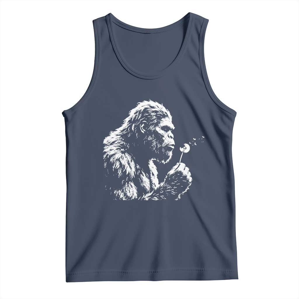 Bigfoot Blowing Dandelion Flower Graphic Tank Top Whimsical Sasquatch Profile Artistic Vintage Distressed