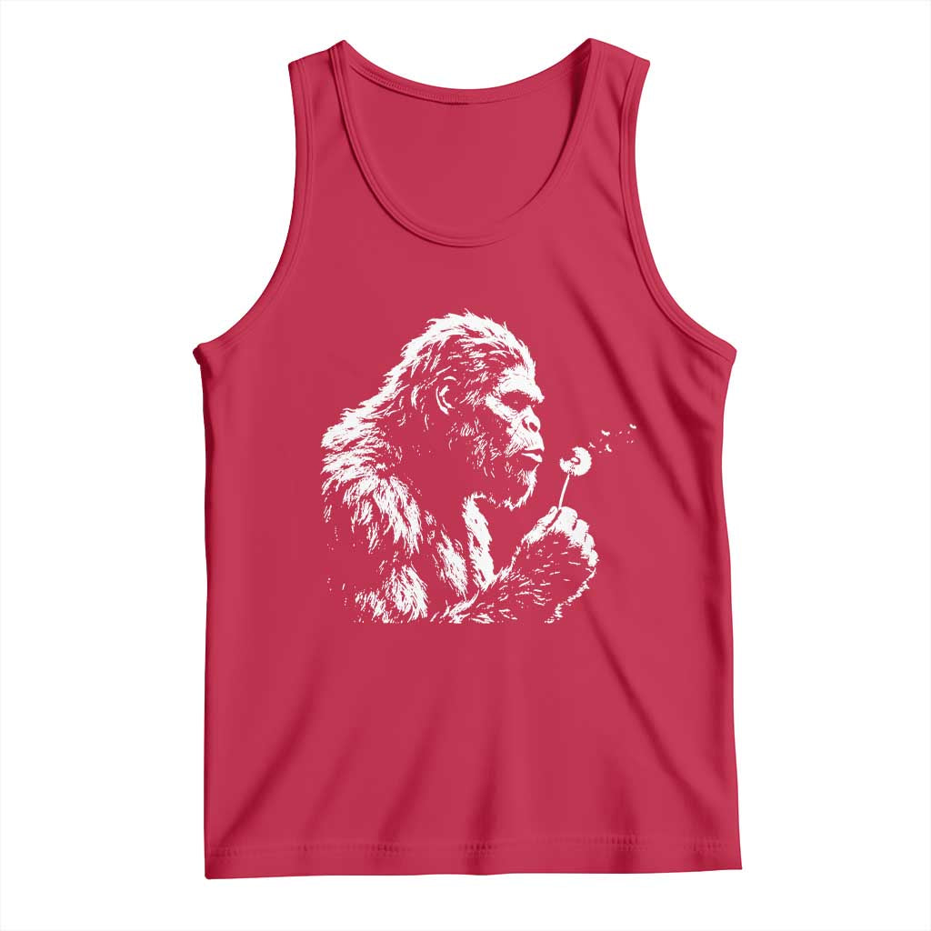 Bigfoot Blowing Dandelion Flower Graphic Tank Top Whimsical Sasquatch Profile Artistic Vintage Distressed