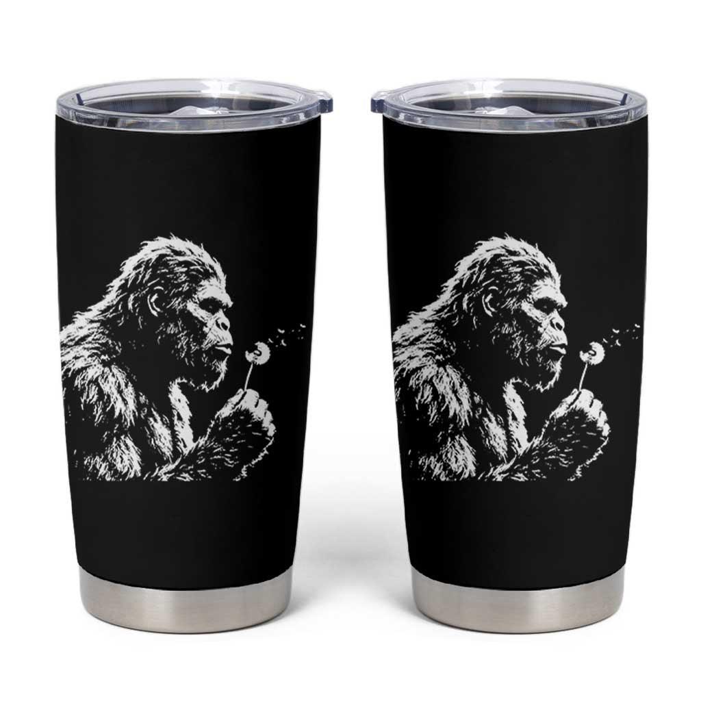 Bigfoot Blowing Dandelion Flower Graphic Tumbler Cup Whimsical Sasquatch Profile Artistic Vintage Distressed