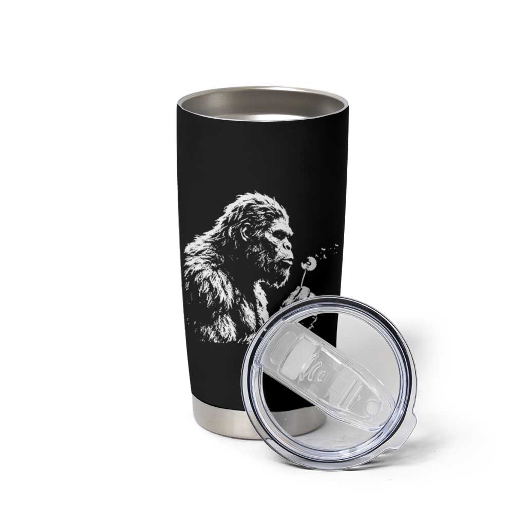 Bigfoot Blowing Dandelion Flower Graphic Tumbler Cup Whimsical Sasquatch Profile Artistic Vintage Distressed