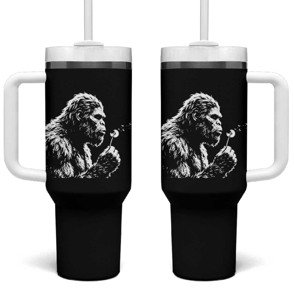 Bigfoot Blowing Dandelion Flower Graphic Tumbler With Handle Whimsical Sasquatch Profile Artistic Vintage Distressed