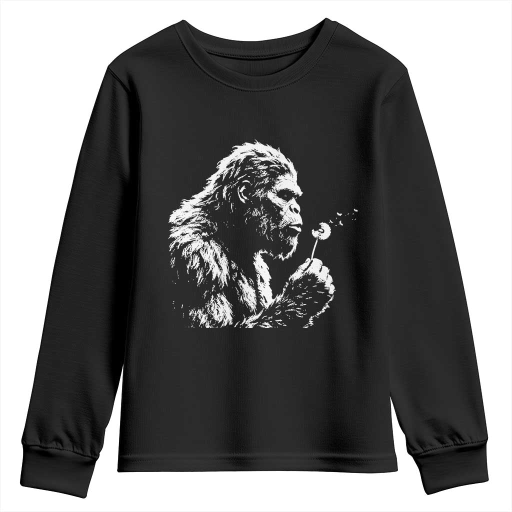 Bigfoot Blowing Dandelion Flower Graphic Youth Sweatshirt Whimsical Sasquatch Profile Artistic Vintage Distressed
